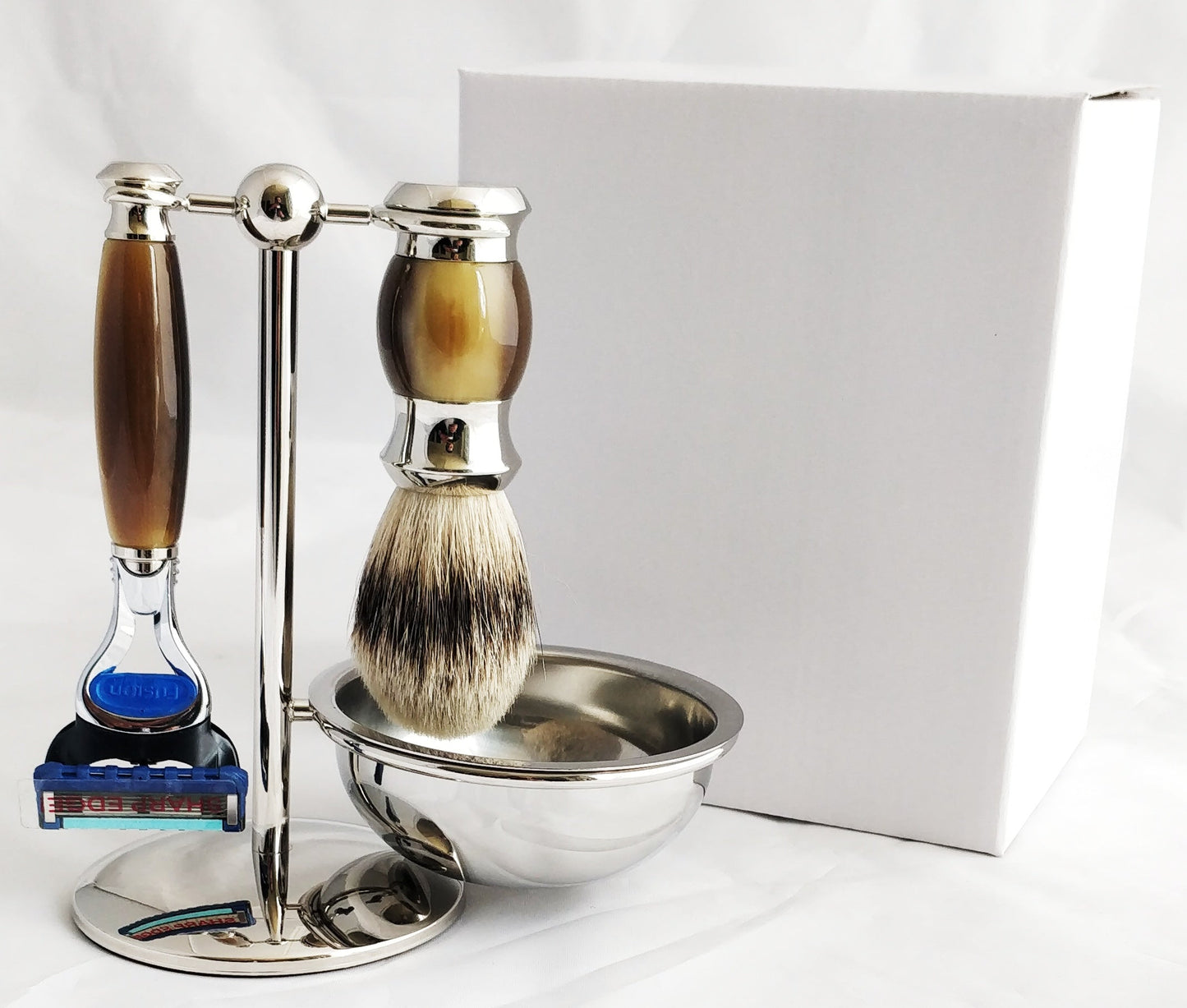 PB-45 PureBadger Collection Brown 4 pc Set, Faux Horn Silver Tip Shaving Brush, Fusion Razor, Stand & Bowl