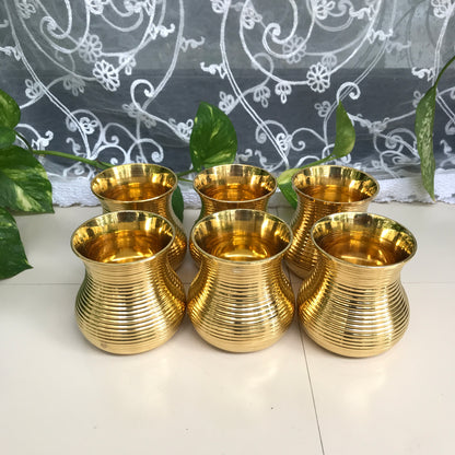 Brass Damru Tumbler Set of 6 | Large & Small Sizes | Elegant Brass Drinkware for Home Decor & Gifting