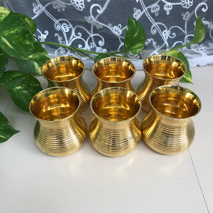 Brass Damru Tumbler Set of 6 | Large & Small Sizes | Elegant Brass Drinkware for Home Decor & Gifting