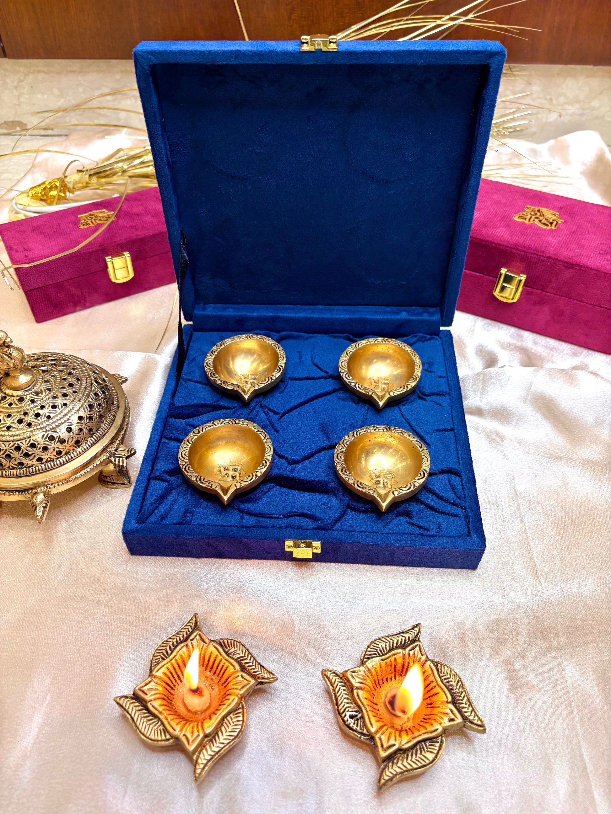 Brass Diya Set of 4 with Velvet Gift Box – Elegant Gift Hamper - Eco-friendly - Sama Homes