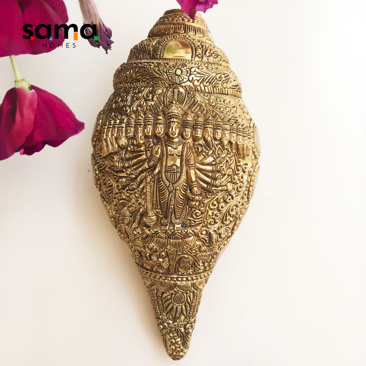 Religious Conch Shell Vishnu 18 Faces Brass Conch Shell, Hand Carved Hindu Religious Symbol