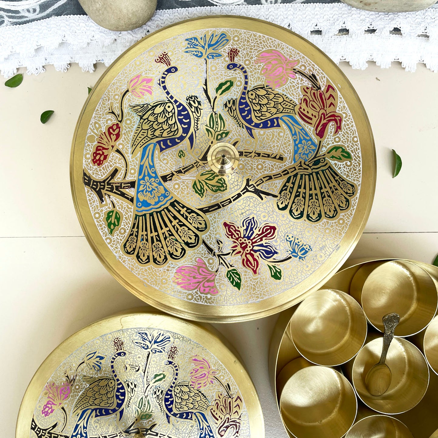 Elegant Handcrafted Brass Spice Box with Etched Peacock Design – 7 & 9 Inch Sizes, 7 Compartments & Spoon