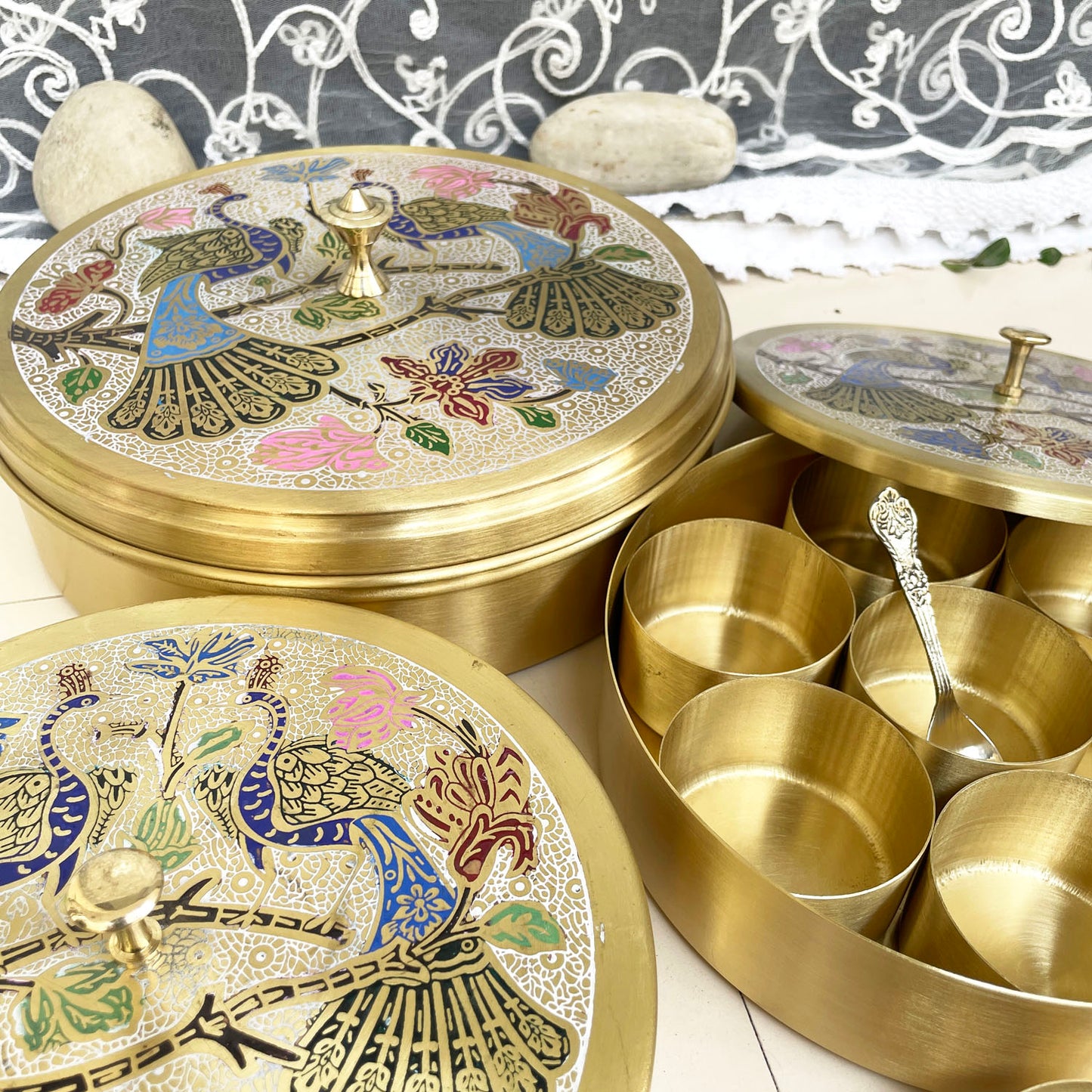 Elegant Handcrafted Brass Spice Box with Etched Peacock Design – 7 & 9 Inch Sizes, 7 Compartments & Spoon