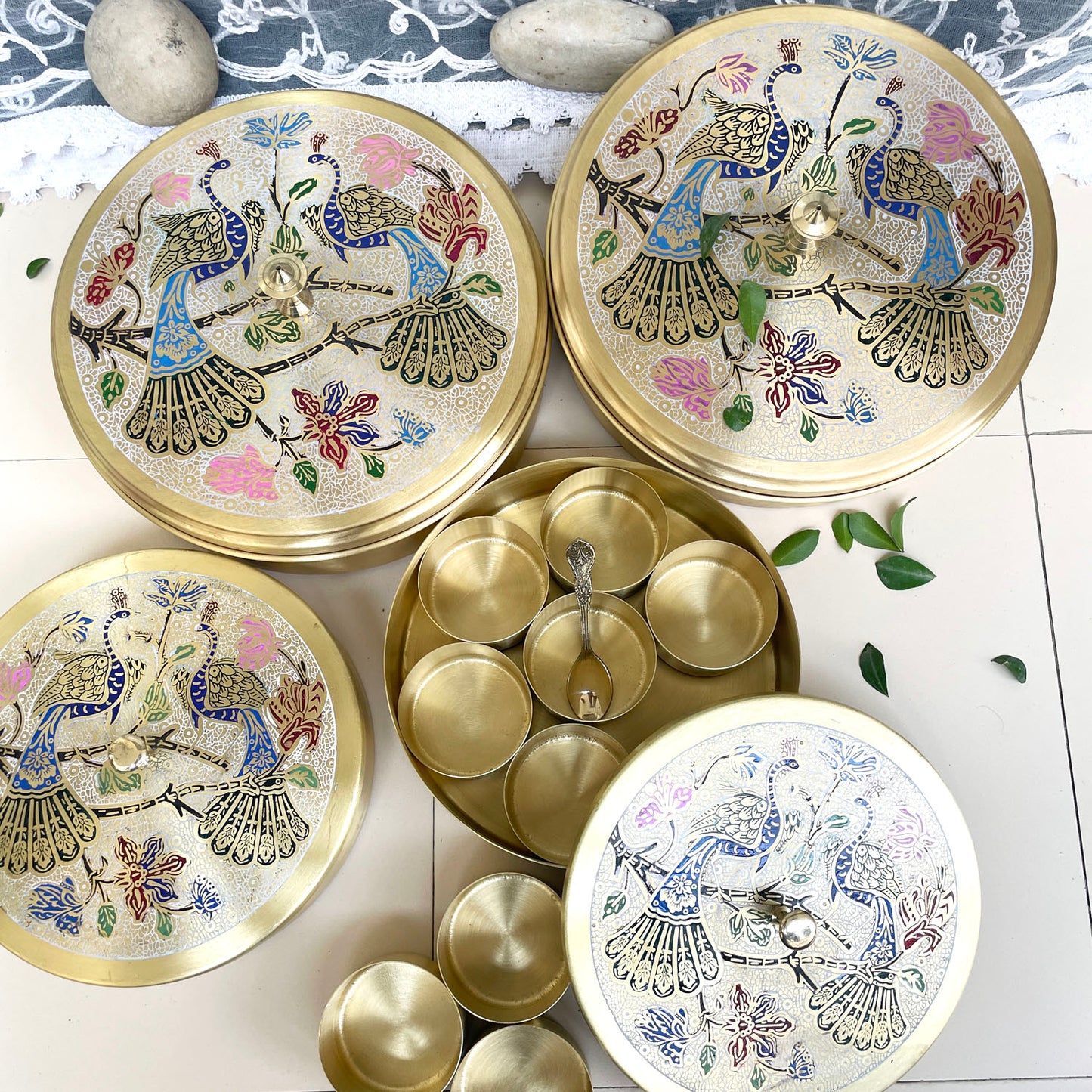 Elegant Handcrafted Brass Spice Box with Etched Peacock Design – 7 & 9 Inch Sizes, 7 Compartments & Spoon