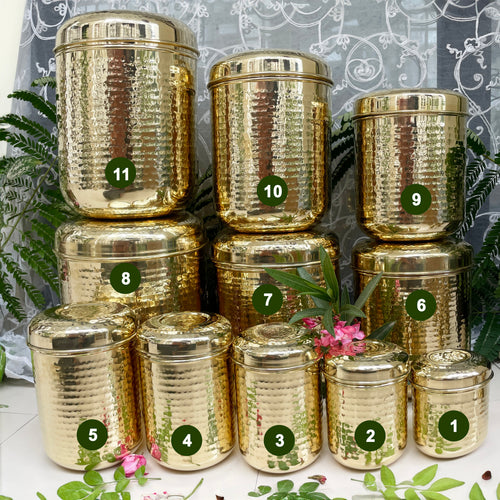Brass Hammered Storage Canister Set | Pulse Storage Box | Pantry Essentials | Deep Dabba Box | Dal Box | Available in Set