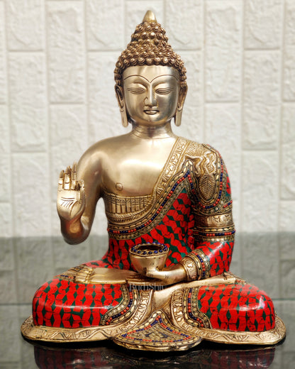 Image of Buddha Brass Idol in Aashirwaad Abhaya Mudra 17 inch | span Witness brilliance | Premium Brass & Wood Decor | Sama Homes