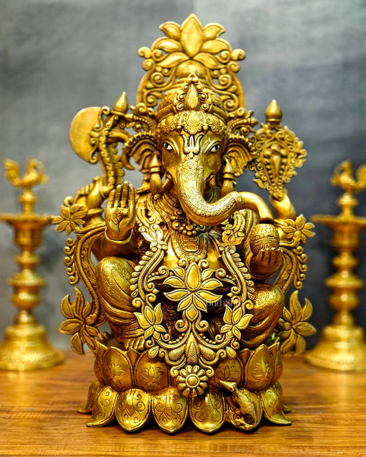 Sama Homes-elegant brass superfine lord ganesha idol with lotus 23 5 sharp eyes