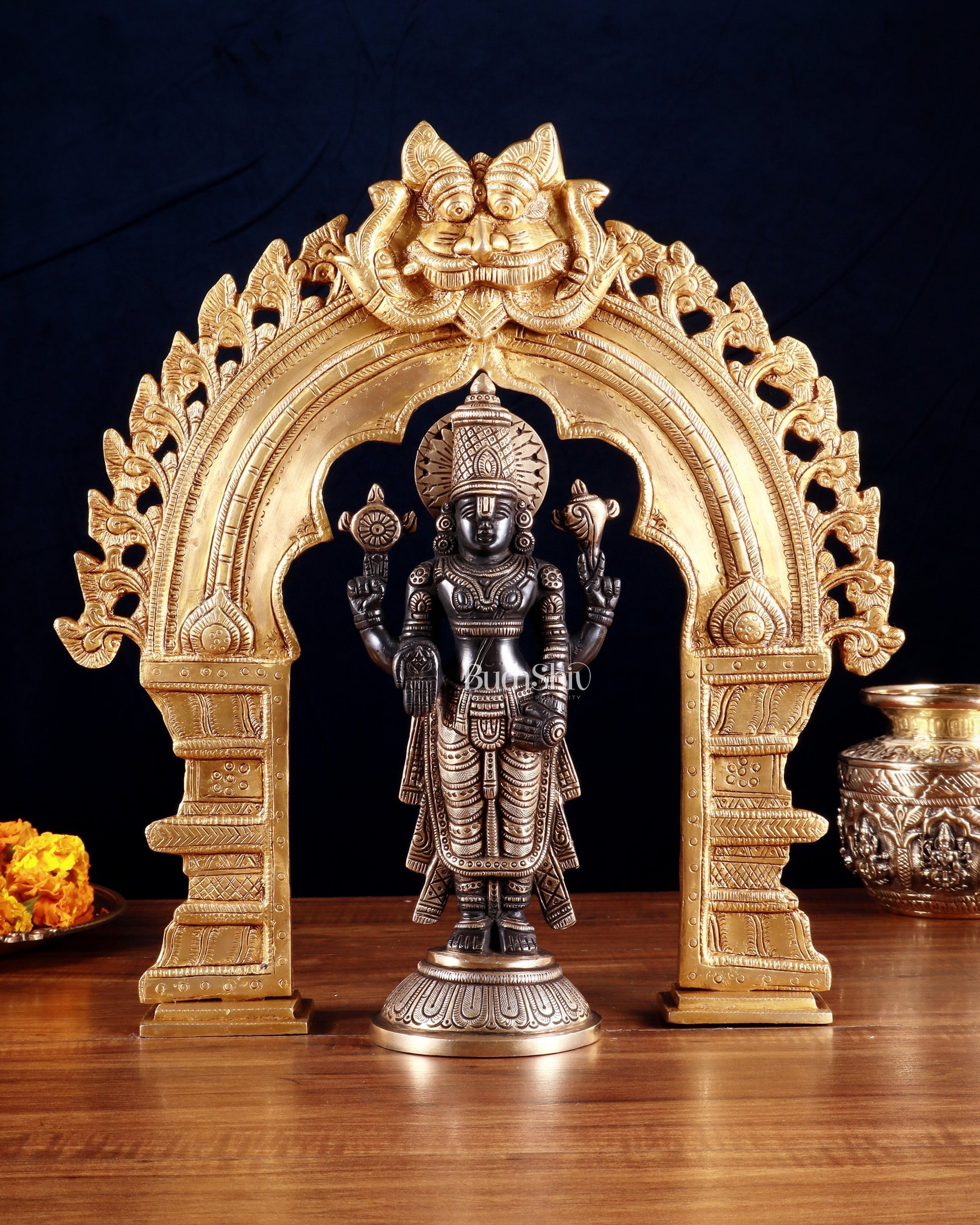 Exquisite Brass Black Tirupati Balaji Idol with Prabhavali arch Set 17" - Sama Homes Idol - Brass Sculpture - Eco-friendly - Sama Homes