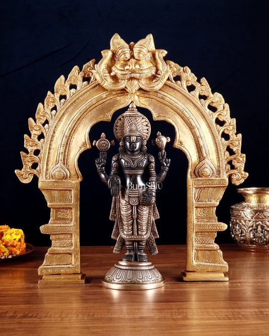 Exquisite Brass Black Tirupati Balaji Idol with Prabhavali arch Set 17" - Sama Homes Idol - Brass Sculpture
