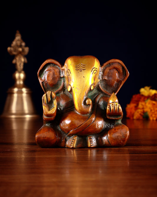 Brass Miniature Appu Ganesh Idol with Big Ears 3" orange gold | 100% Certified Copper & Brass - Sama Homes Idol - Brass Sculpture