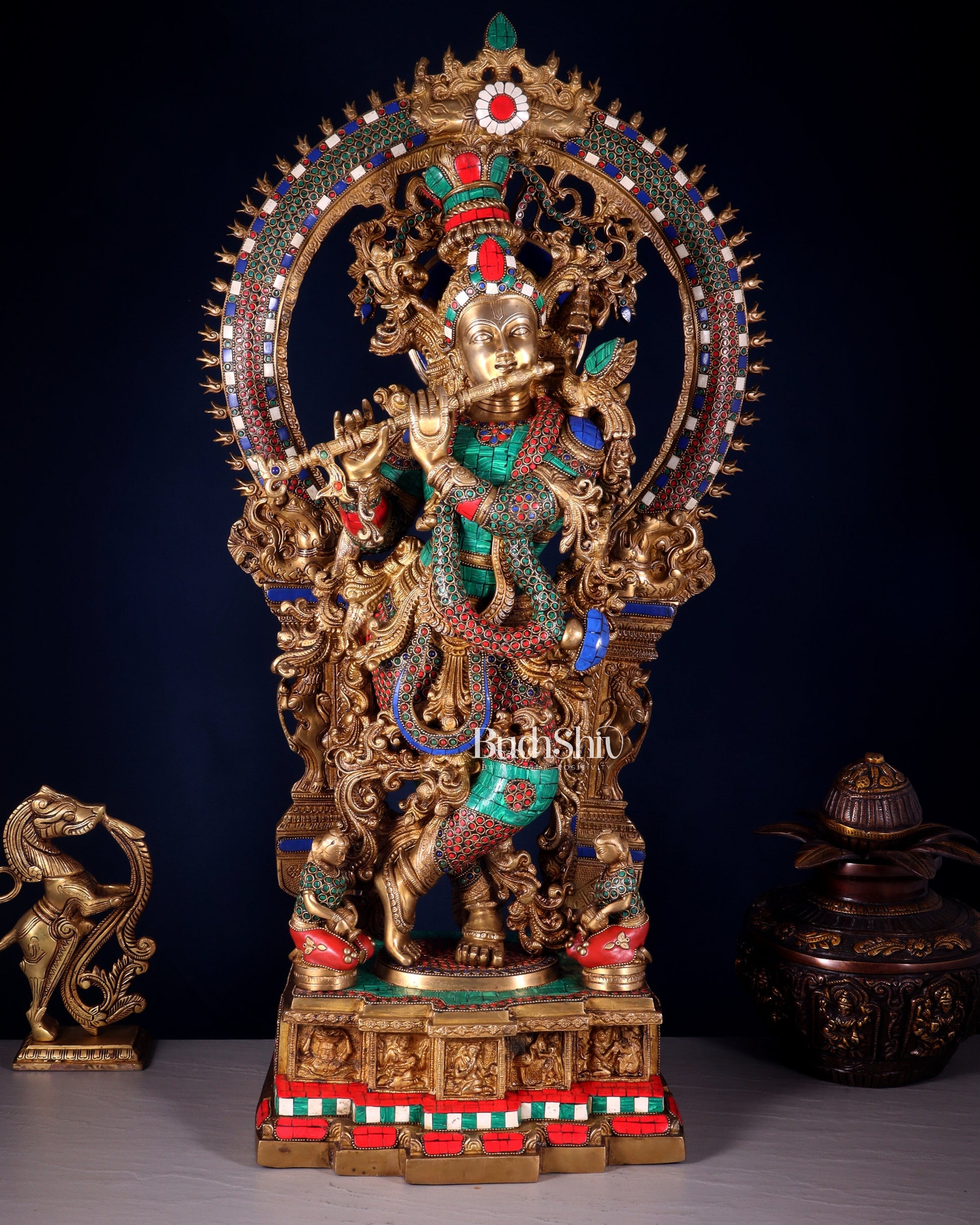 Divine Superfine Brass Krishna Statue 33 inch meenakari - Sama Homes Idol - Brass Sculpture - Eco-friendly - Sama Homes