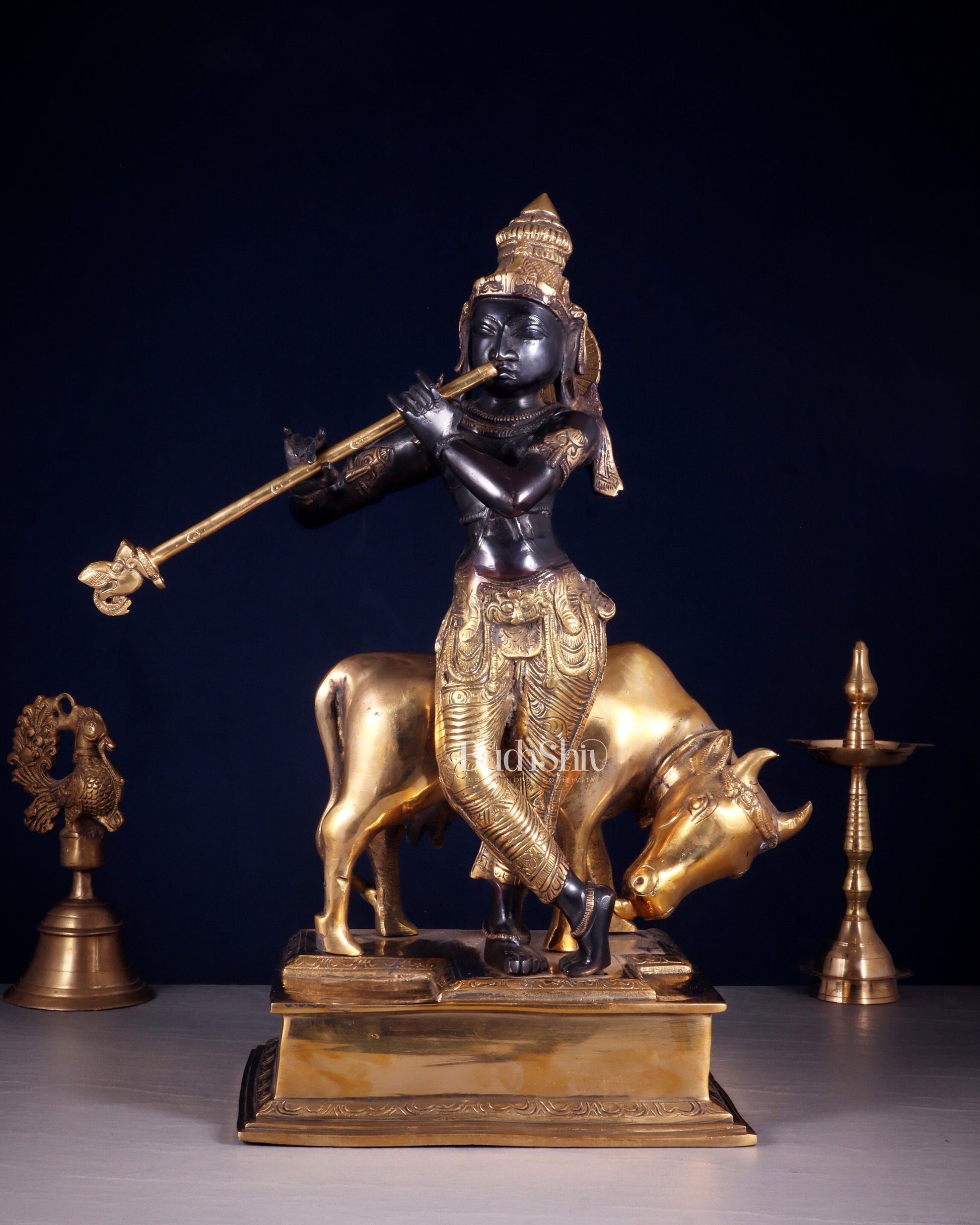 Brass Lord Krishna with Cow – Black Finish Statue 18 inch | 100% Certified Copper & Brass - Sama Homes Idol - Brass Sculpture - Eco-friendly - Sama Homes
