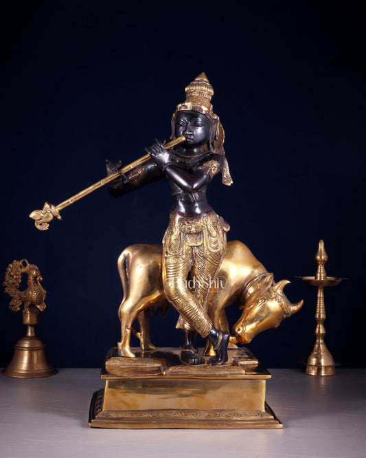 Brass Lord Krishna with Cow – Black Finish Statue 18 inch | 100% Certified Copper & Brass - Sama Homes Idol - Brass Sculpture