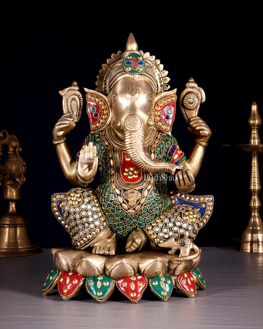 Unique Brass Lord Ganesha multicolour Statue - 11.5 Inch - Sama Homes Idol - Brass Sculpture