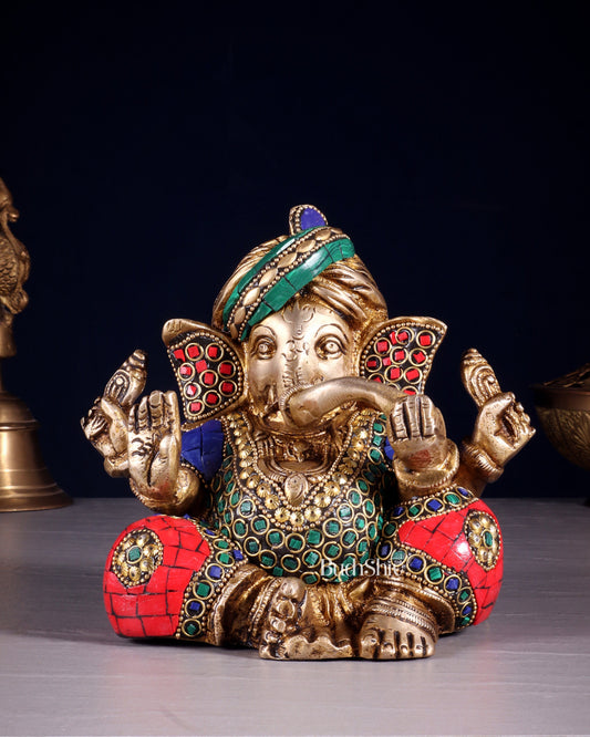 Brass Ganesha statue multicolour 7.5 inch | 100% Certified Copper & Brass - Sama Homes Idol - Brass Sculpture