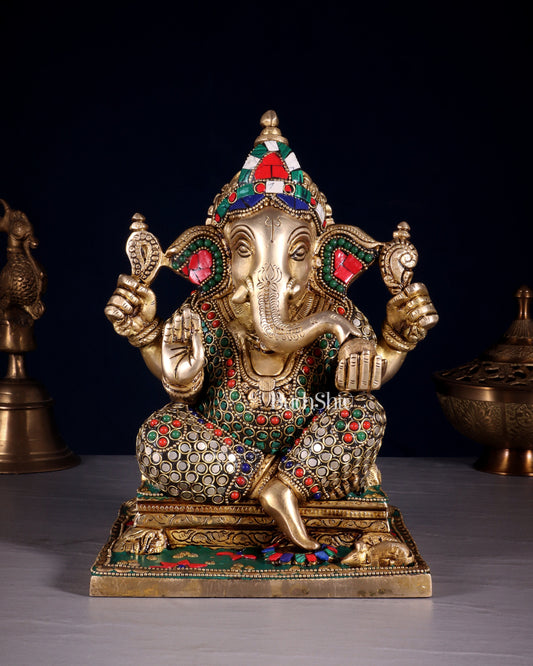 Ganesha Brass statue stonework 9.5 inch - Sama Homes Idol - Brass Sculpture