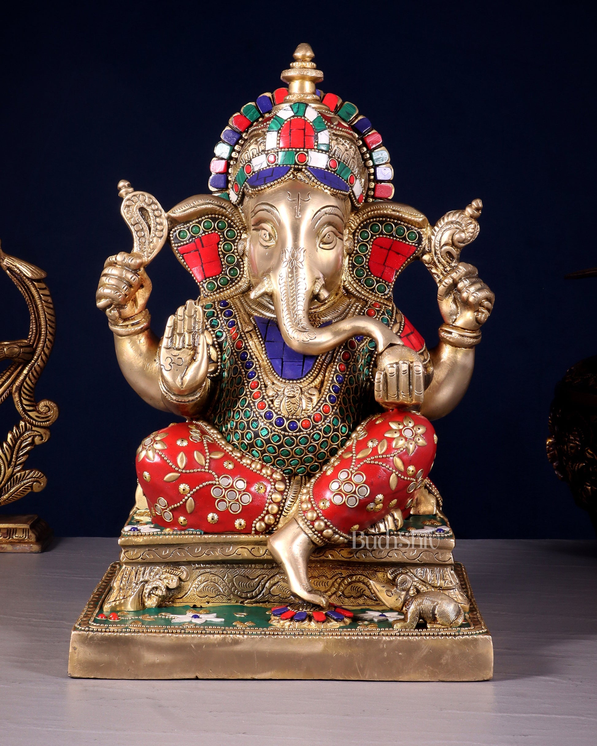 Brass Ganesha Statue with Stonework 12 inch | 100% Certified Copper & Brass - Sama Homes Idol - Brass Sculpture - Eco-friendly - Sama Homes