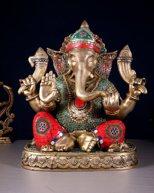 Brass Lord Ganesha Statue 15 inch multicolour | 100% Certified Copper & Brass - Sama Homes Idol - Brass Sculpture