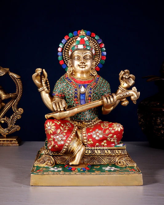 Pure Brass Goddess Saraswati Statue 12 Inch multicolour - Sama Homes Idol - Brass Sculpture