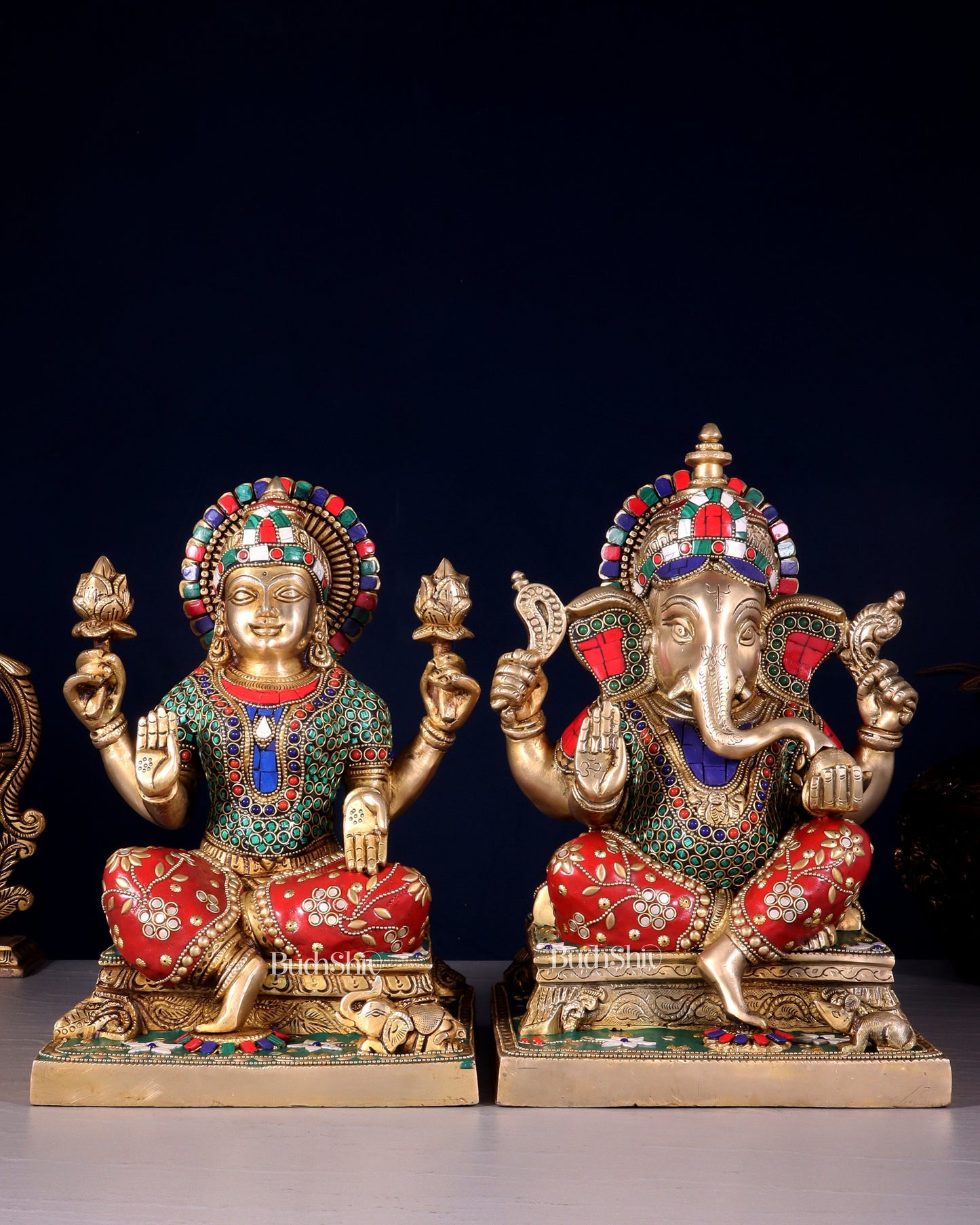 Pure Brass Ganesha Lakshmi idols 12 inch multicolour - Sama Homes Idol - Brass Sculpture