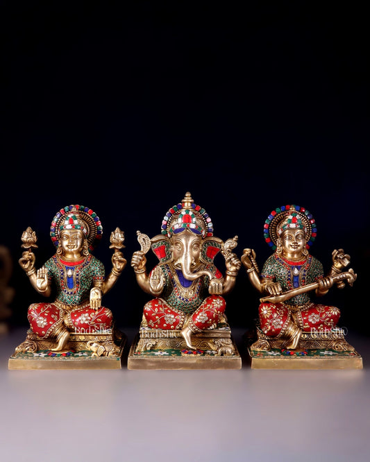 Pure Brass Ganesh Lakshmi Saraswati Statue Set 12 inch multicolour - Sama Homes Idol - Brass Sculpture