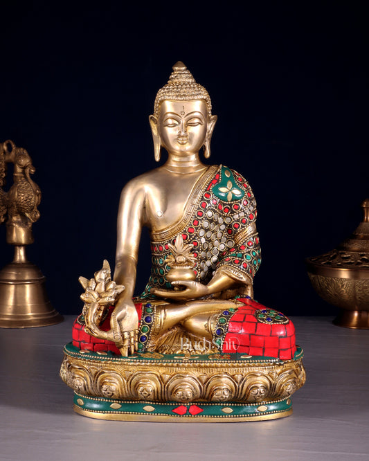 Brass medicine Buddha Idol - 9.5 Inch with stonework | 100% Certified Copper & Brass - Sama Homes Idol - Brass Sculpture