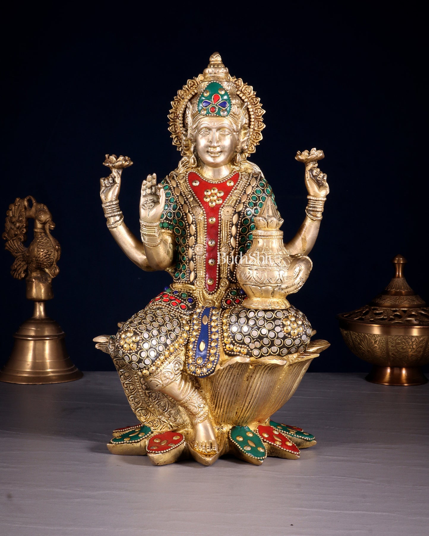 Pure Brass Goddess Dhan Lakshmi Idol - 12" stonework - Sama Homes Idol - Brass Sculpture