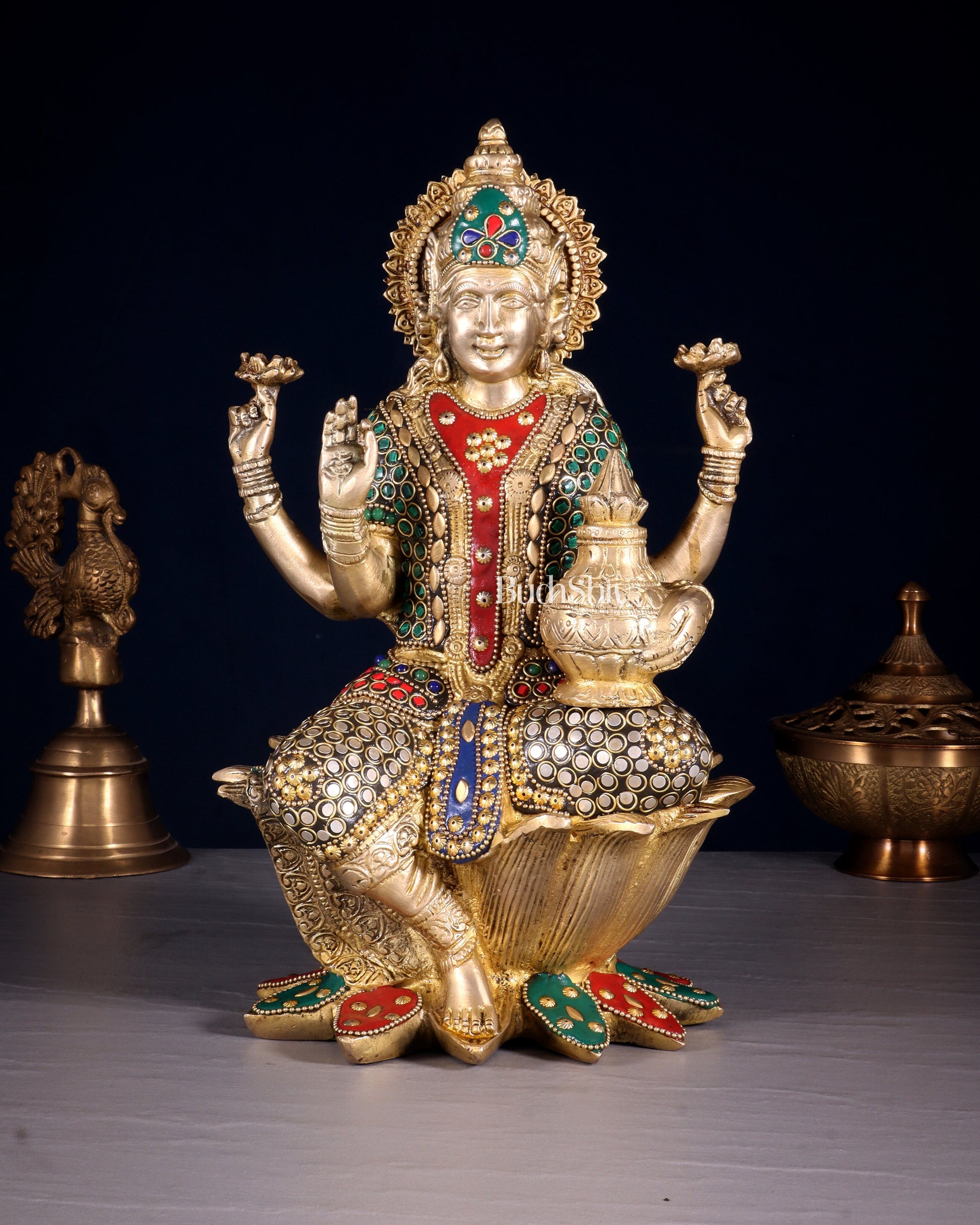 Pure Brass Goddess Dhan Lakshmi Idol - 12" stonework - Sama Homes Idol - Brass Sculpture - Eco-friendly - Sama Homes