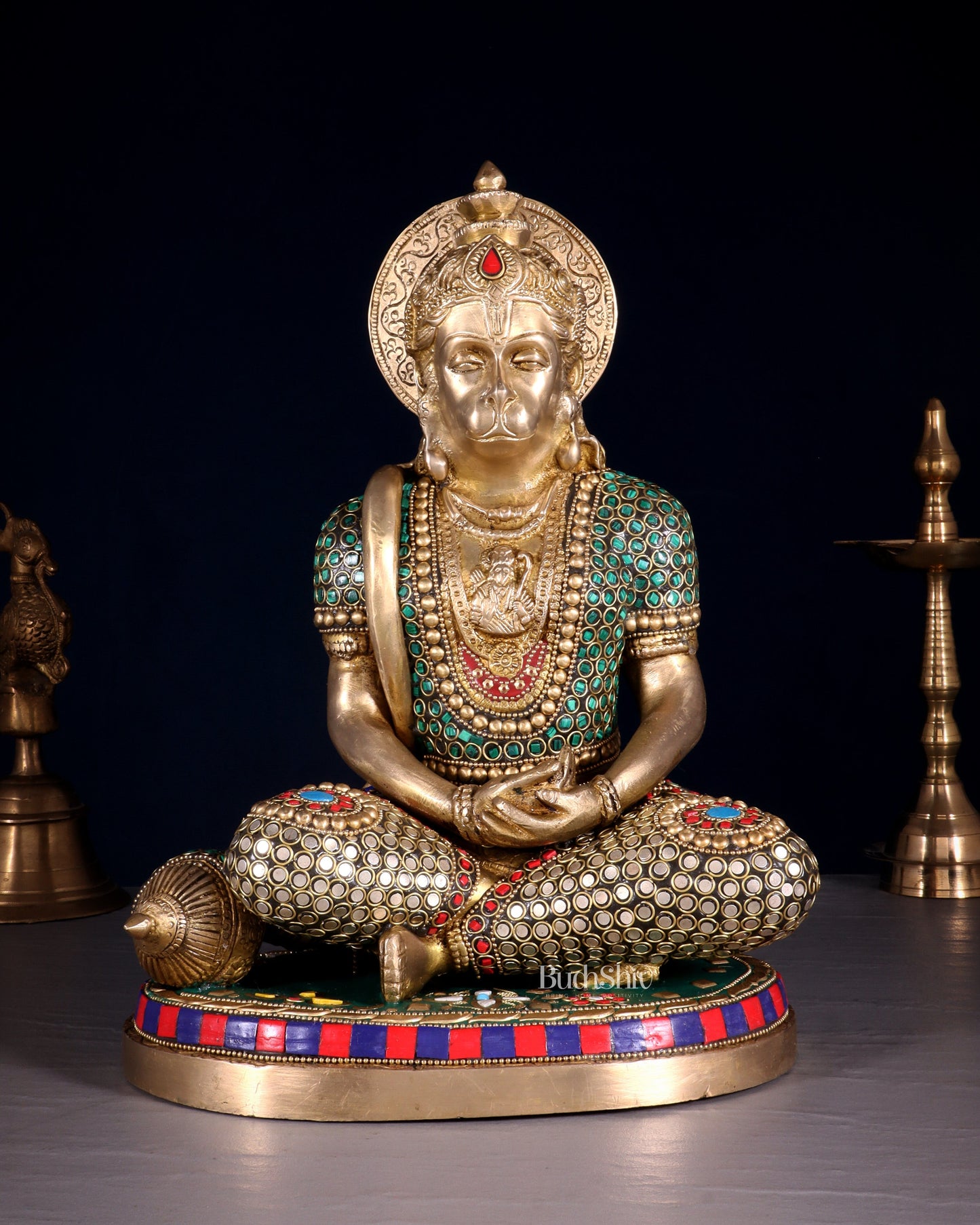 Superfine Brass Hanuman in Meditation Statue - 12.5 Inch stonework - Sama Homes Idol - Brass Sculpture