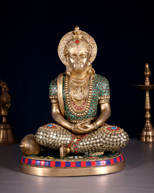 Superfine Brass Hanuman in Meditation Statue - 12.5 Inch stonework - Sama Homes Idol - Brass Sculpture