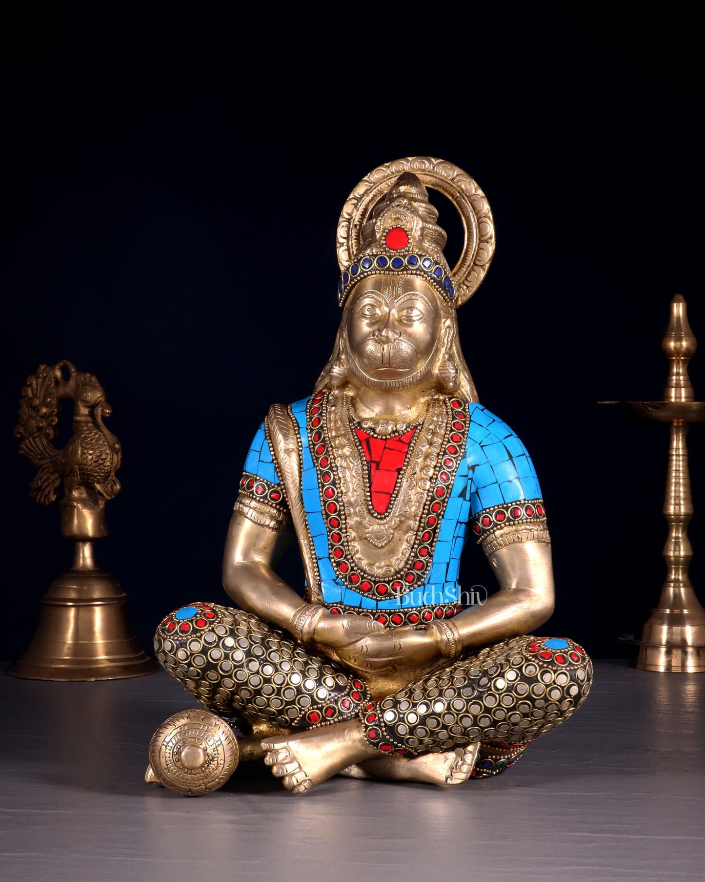 Brass Hanuman Idol in Meditation - 12 inch with stonework | 100% Certified Copper & Brass - Sama Homes Idol - Brass Sculpture