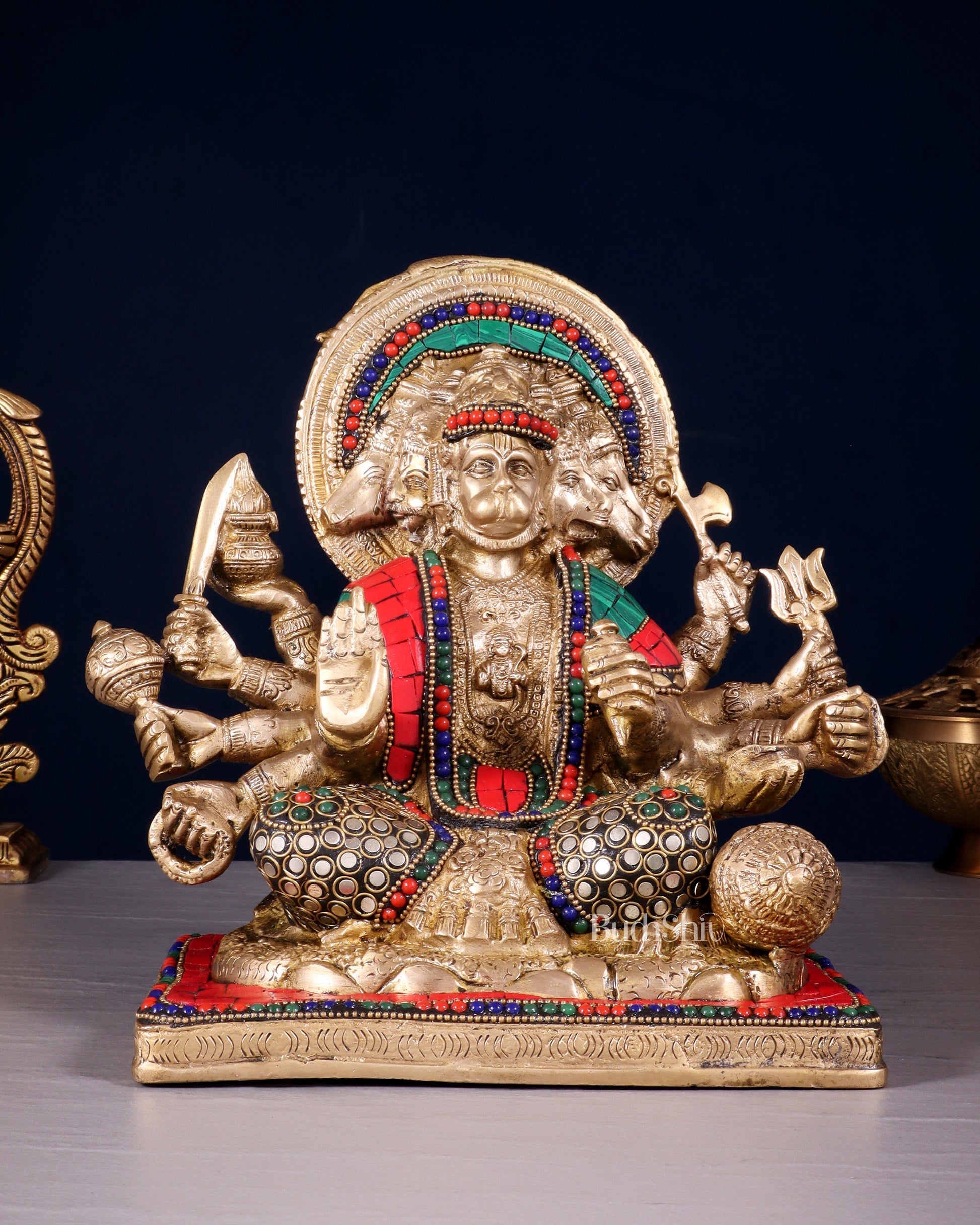 Pure Brass Superfine Panchmukhi Hanuman 10" - Sama Homes Idol - Brass Sculpture - Eco-friendly - Sama Homes