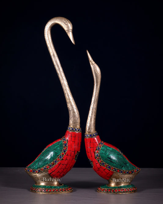 Pure Brass Meenakari Swan Pair - Vastu Approved Home Decor - Sama Homes Idol - Brass Sculpture