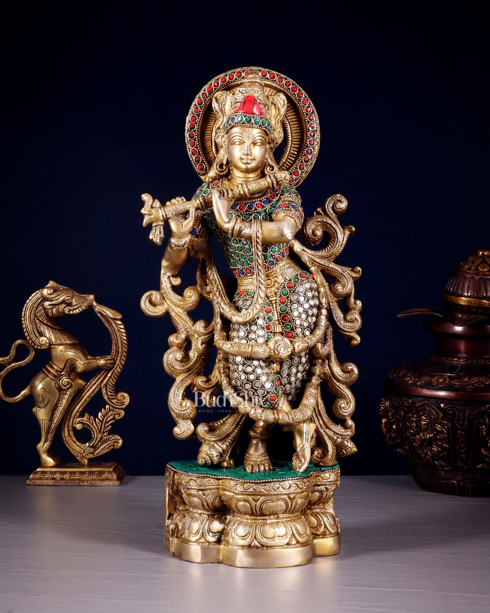 Brass Superfine Lord Krishna Statue - 15.5 Inch meenakari Stonework - Sama Homes Idol - Brass Sculpture - Eco-friendly - Sama Homes