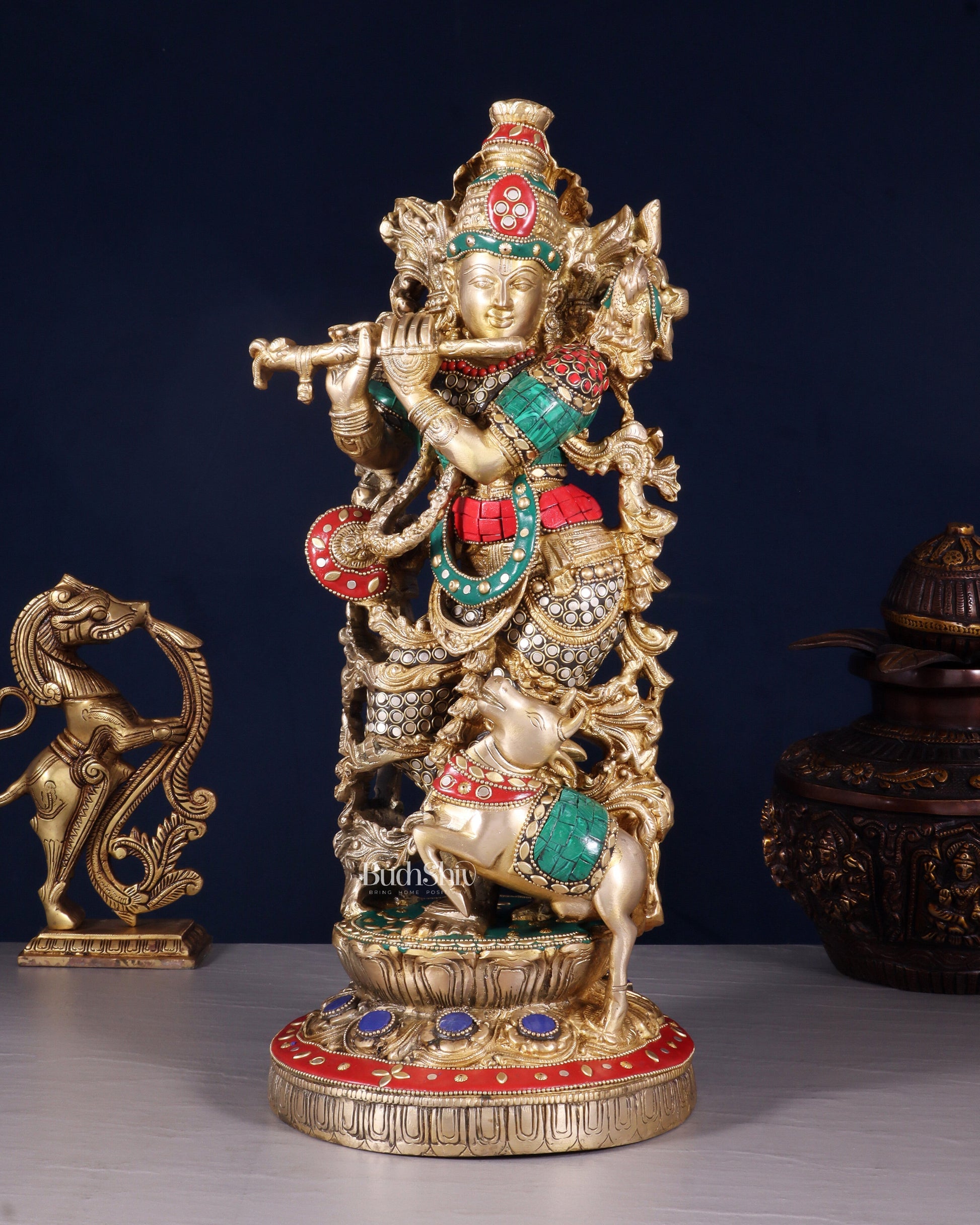 Pure Brass Lord Krishna with Jumping Cow Statue - 18" - Sama Homes Idol - Brass Sculpture - Eco-friendly - Sama Homes