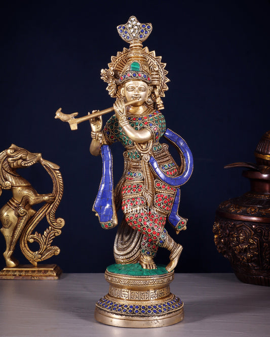 Pure Brass Lord Krishna Unique Statue | 15.5" meenakari Stonework - Sama Homes Idol - Brass Sculpture