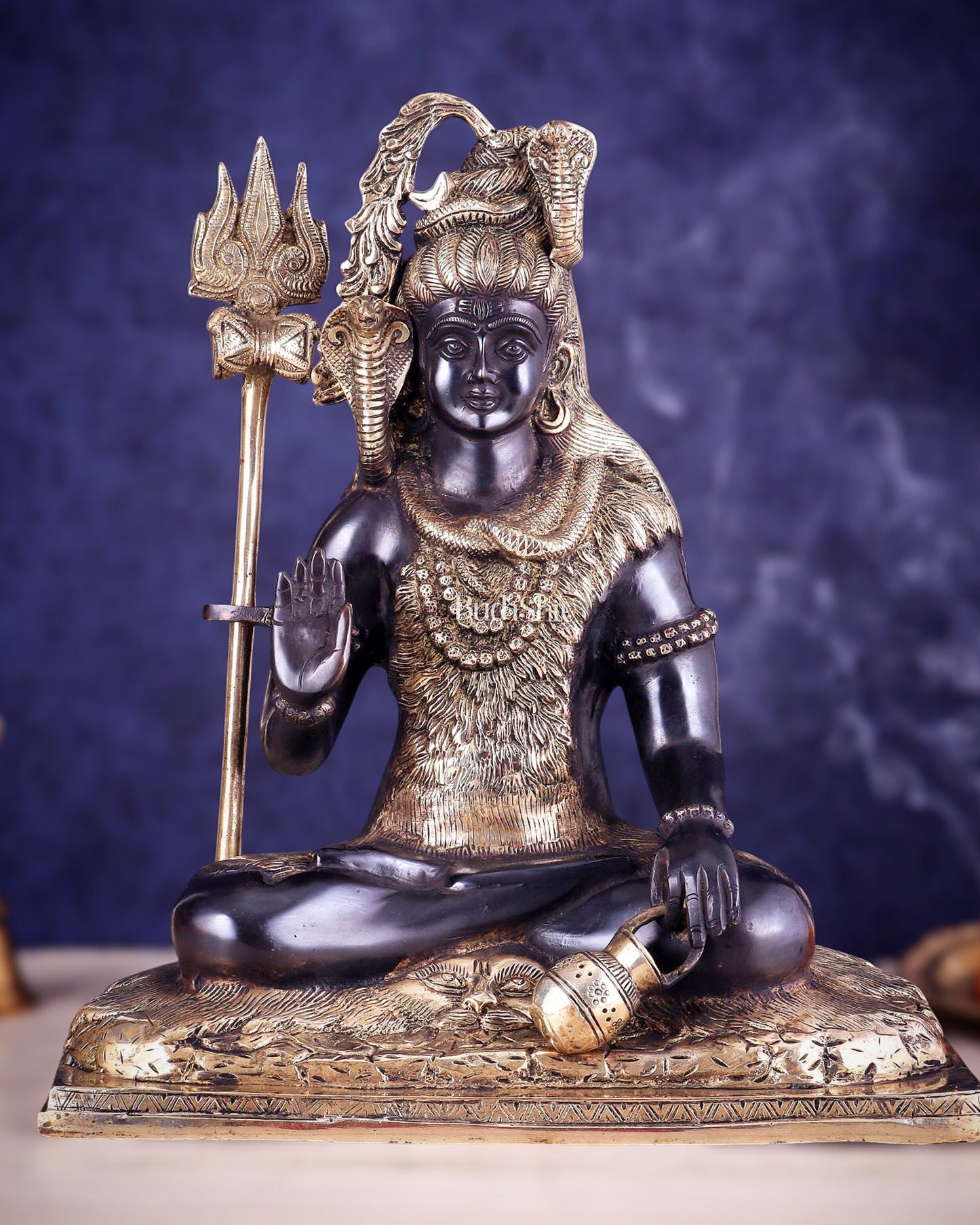 Pure Brass Lord Shiva Smiling Idol with Open Eyes 15" black gold - Sama Homes Idol - Brass Sculpture