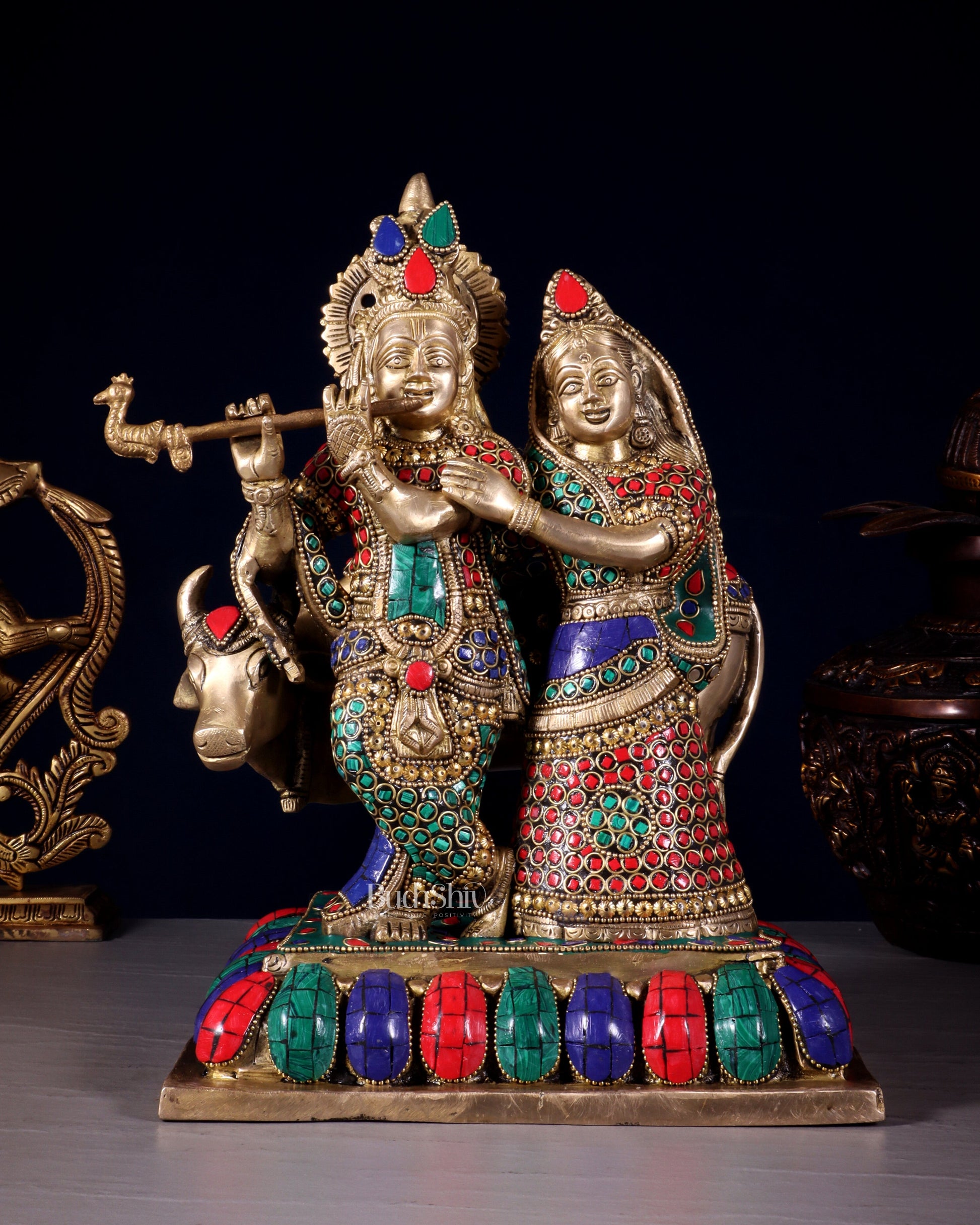 Pure Brass Radha Krishna with Cow Idol – Meenakari Stonework 12 inch - Sama Homes Idol - Brass Sculpture - Eco-friendly - Sama Homes