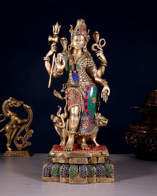 Brass Ardhanarishwara Statue - 19 Inch stonework | 100% Certified Copper & Brass - Sama Homes Idol - Brass Sculpture