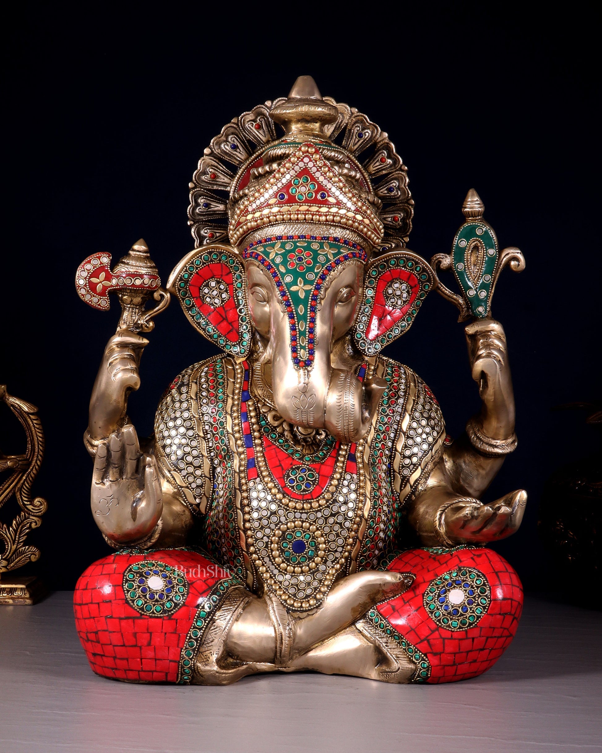 Pure Brass Dagduseth Ganapati in Saadhna – ring stones Meenakari Stonework 18" - Sama Homes Idol - Brass Sculpture - Eco-friendly - Sama Homes