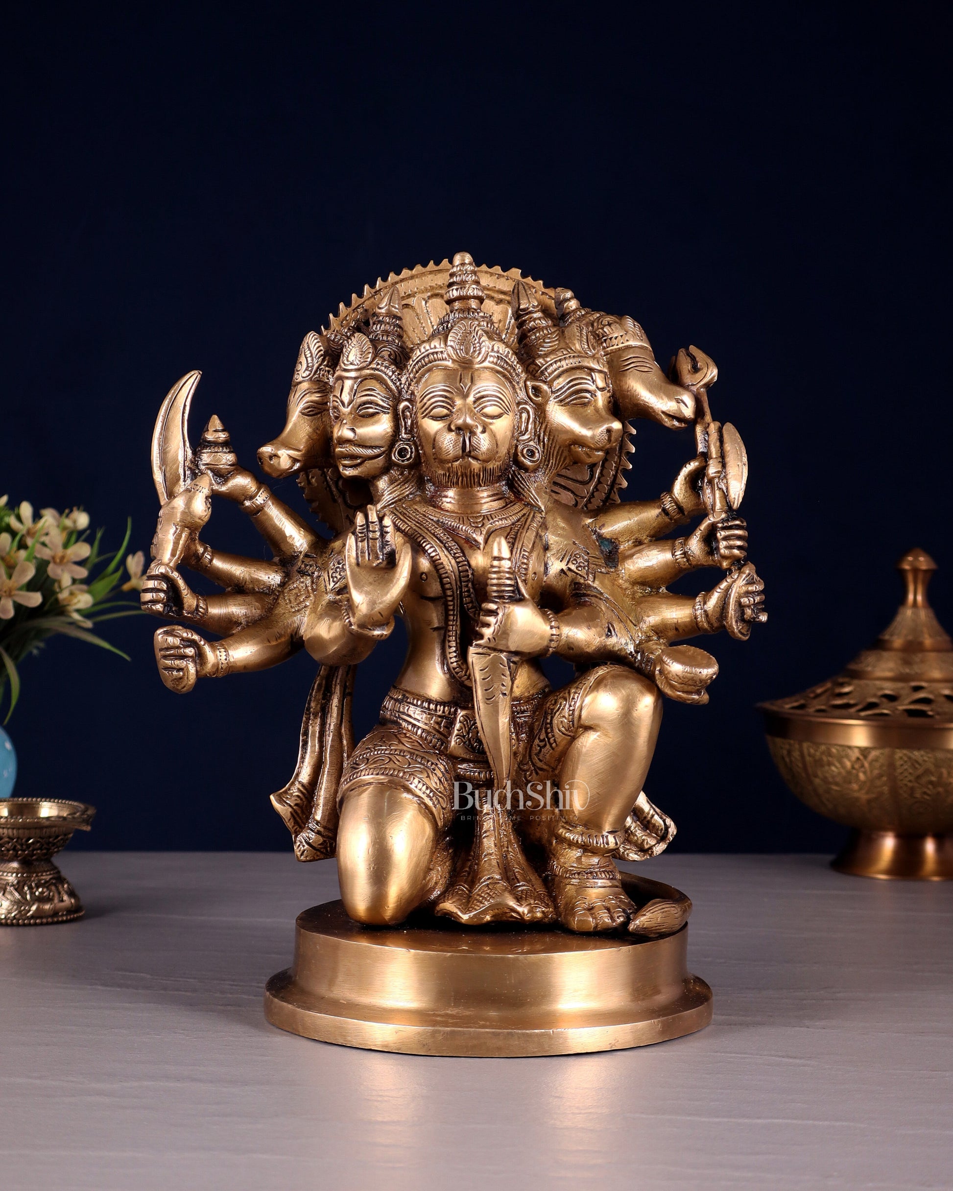 Brass Panchmukhi Hanuman statue 8.5" | 100% Certified Copper & Brass - Sama Homes Idol - Brass Sculpture - Eco-friendly - Sama Homes
