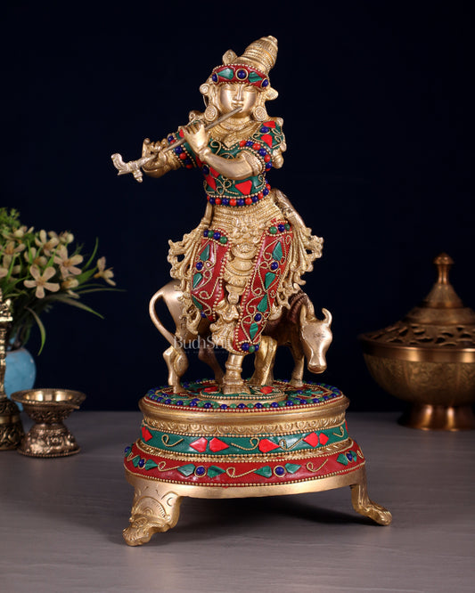 Brass Krishna with cow idol with floral meenakari Stonework 10.5" | 100% Certified Copper & Brass - Sama Homes Idol - Brass Sculpture