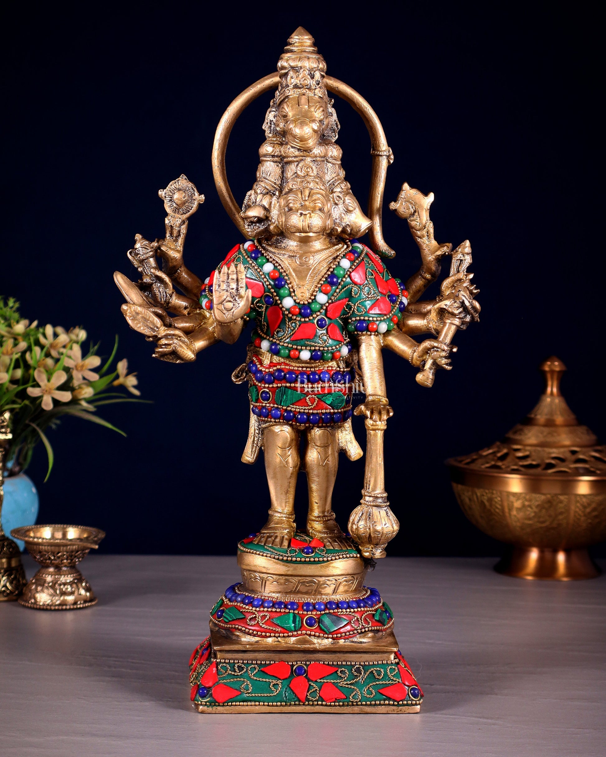 Pure Brass Standing Panchmukhi Hanuman Idol Floral stonework 12" - Sama Homes Idol - Brass Sculpture - Eco-friendly - Sama Homes