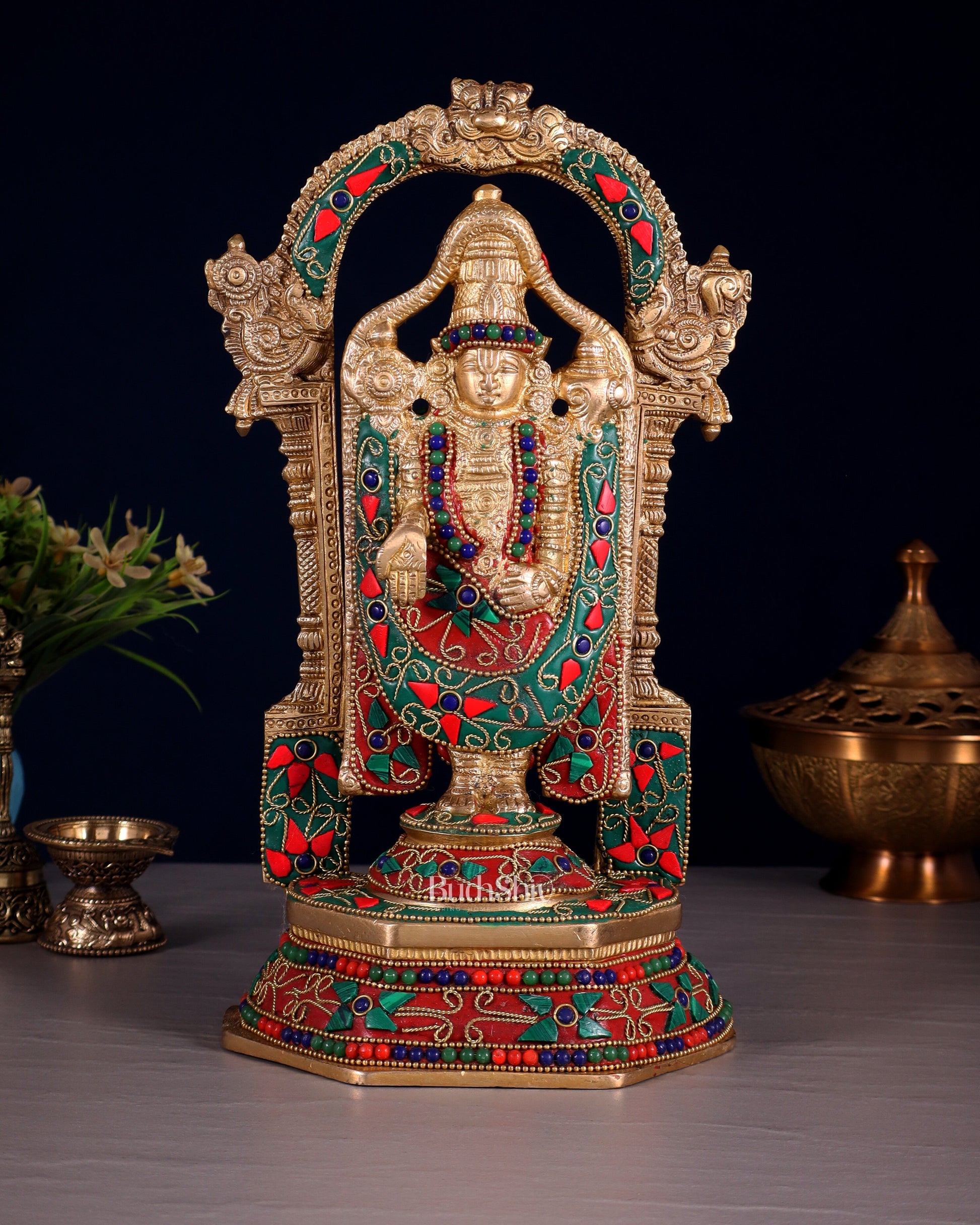 Pure Brass Lord Tirupati Balaji Statue | Height: 12 inch floral stonework - Sama Homes Idol - Brass Sculpture - Eco-friendly - Sama Homes