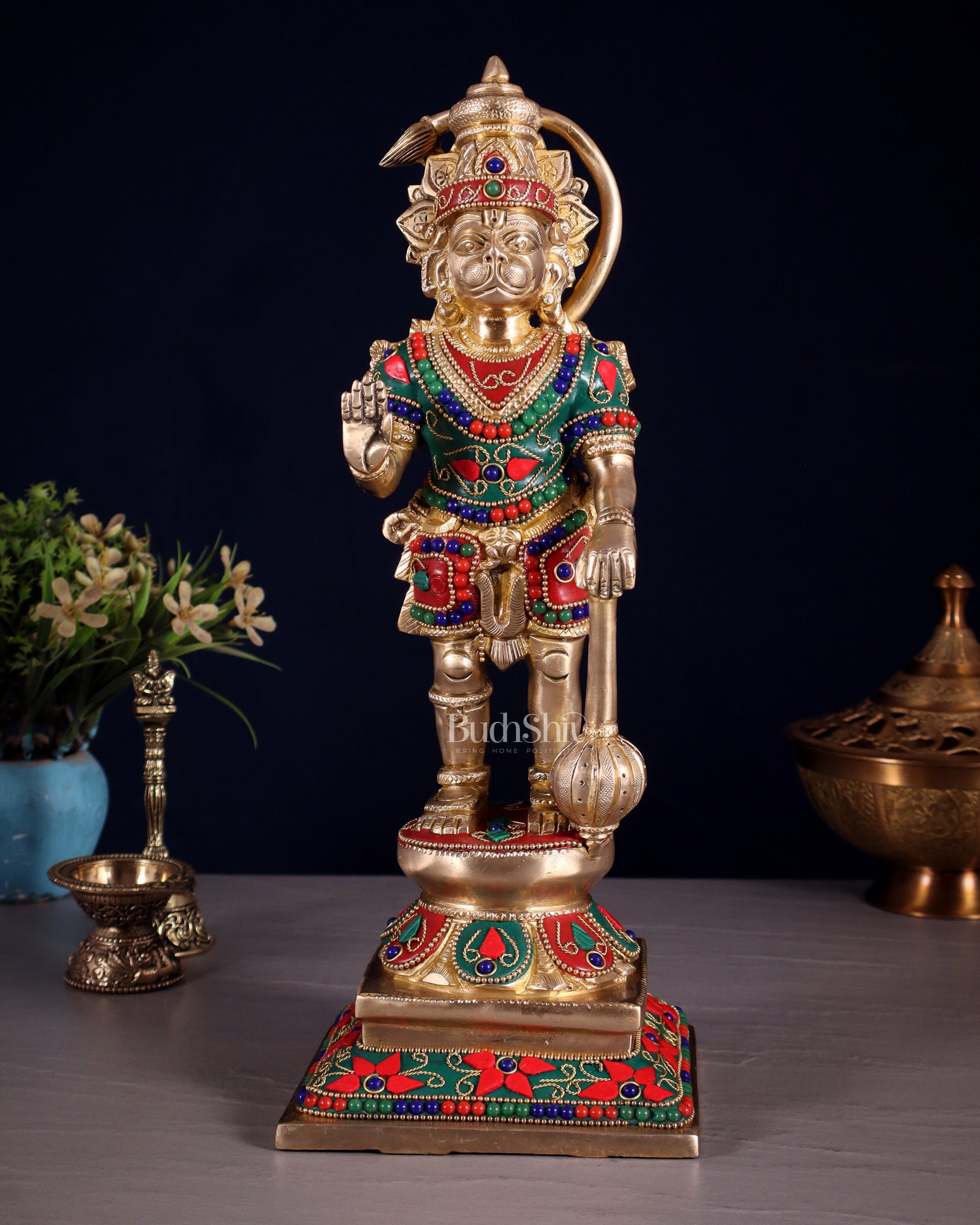 Brass Hanuman Ji Statue in Blessing Mudra – 12” floral stonework | 100% Certified Copper & Brass - Sama Homes Idol - Brass Sculpture - Eco-friendly - Sama Homes
