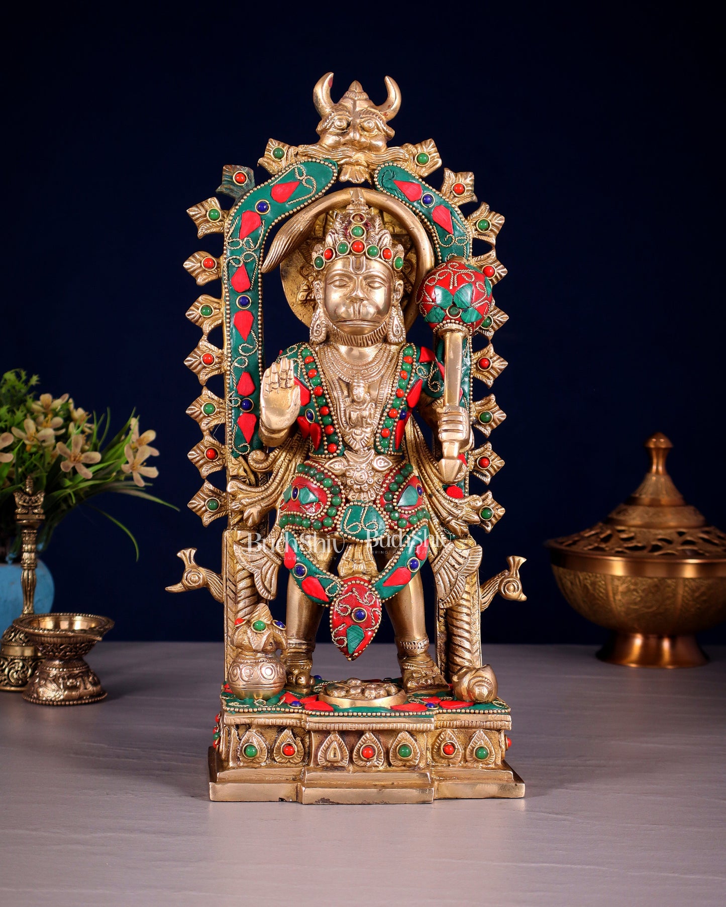 Pure Brass Standing Lord Hanuman with Kirtimukha Prabhavali 12 INCH - Sama Homes Idol - Brass Sculpture