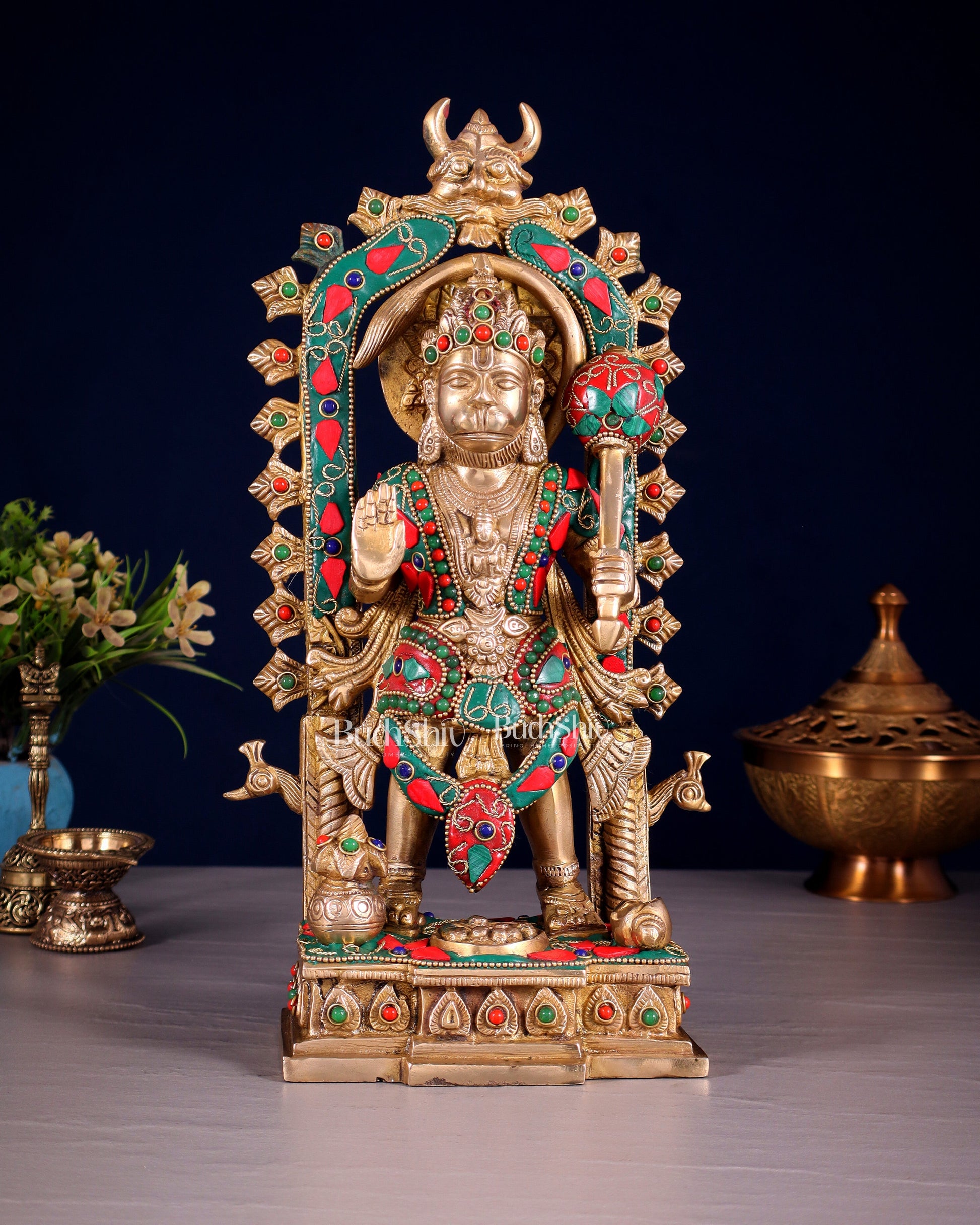 Pure Brass Standing Lord Hanuman with Kirtimukha Prabhavali 12 INCH - Sama Homes Idol - Brass Sculpture - Eco-friendly - Sama Homes