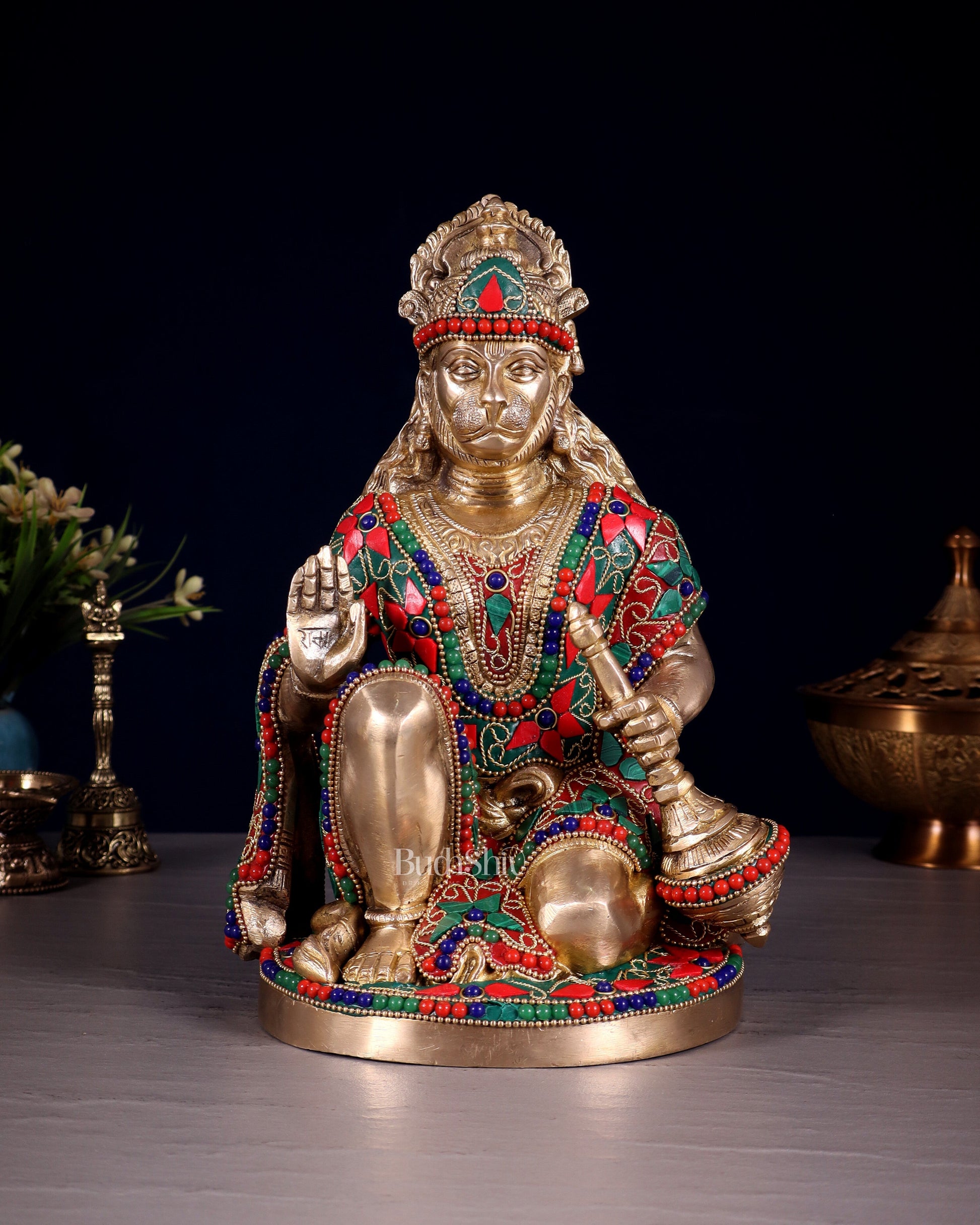 Handcrafted Brass Hanuman Idol - 9" with stonework - Sama Homes Idol - Brass Sculpture - Eco-friendly - Sama Homes