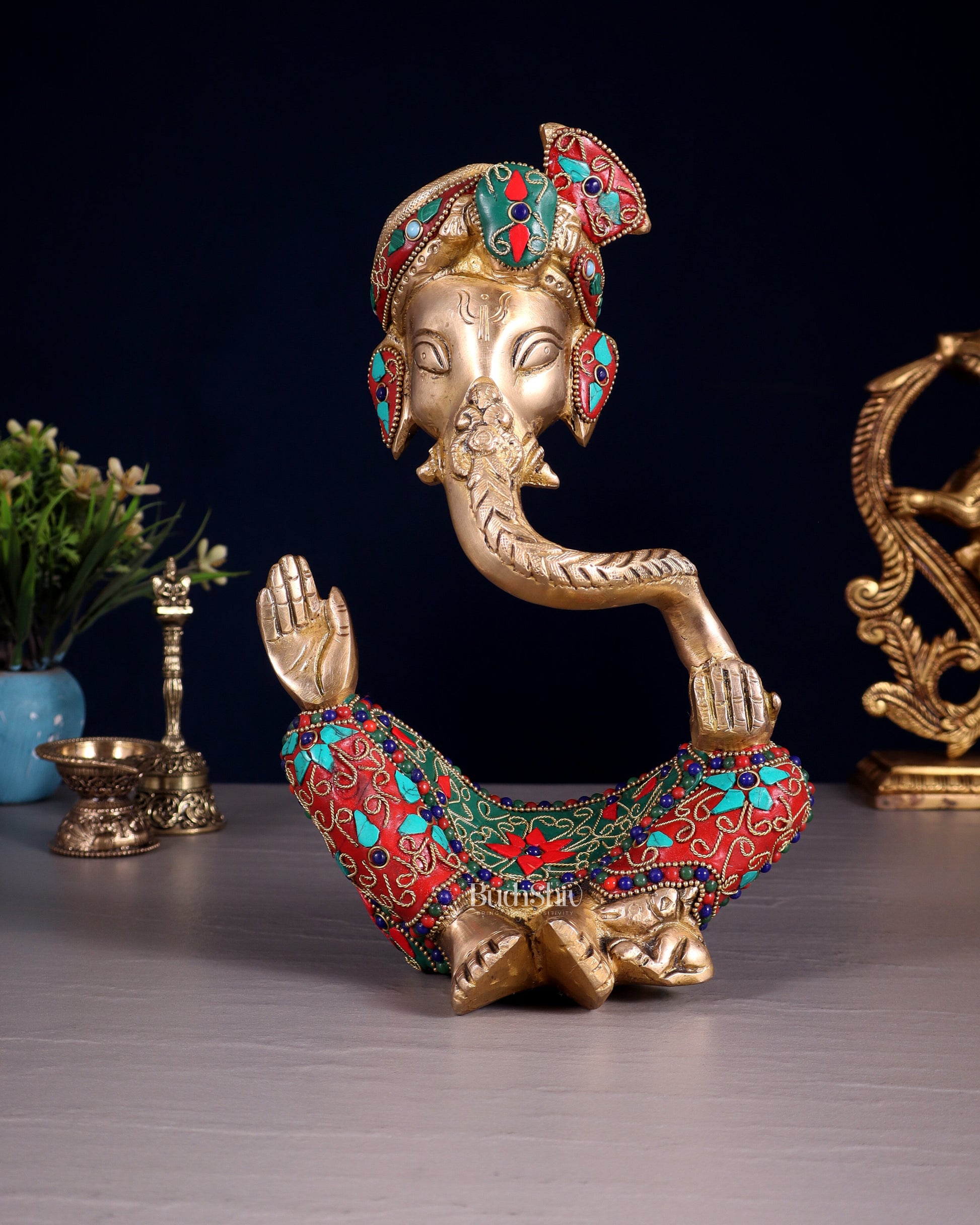 Modern Brass Ganesha abstract statue with floral stonework - Sama Homes Idol - Brass Sculpture - Eco-friendly - Sama Homes
