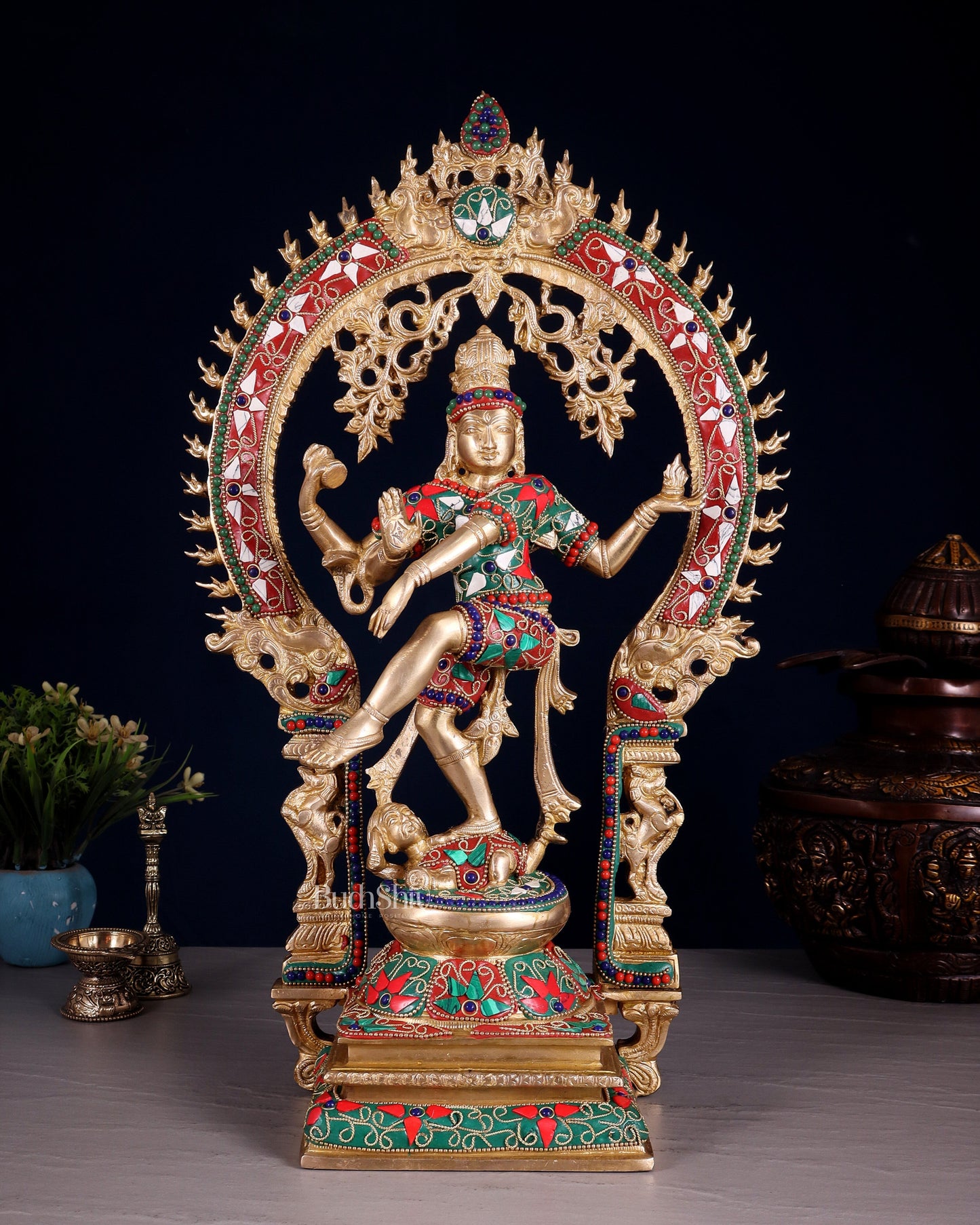 Brass Nataraja Dancing Shiva Superfine Sculpture - 18" Floral stonework | 100% Certified Copper & Brass - Sama Homes Idol - Brass Sculpture